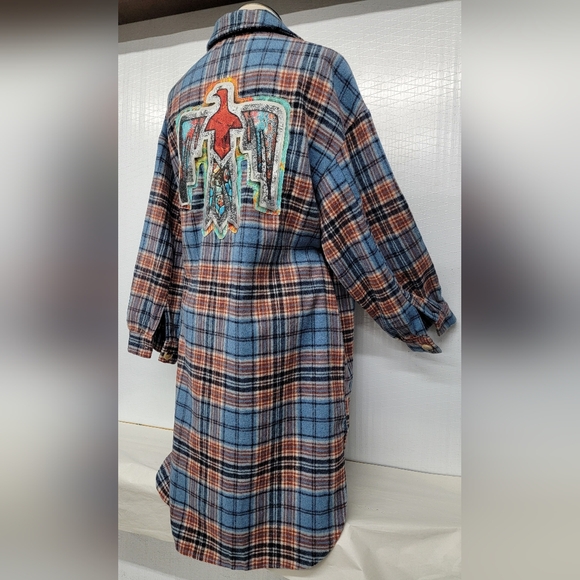 Southwest Thunderbird Flannel Plaid Long Coat Upcycled Renewed - Picture 10 of 14